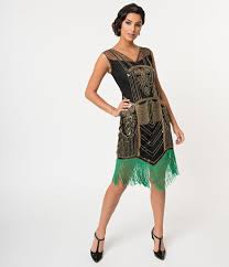 Unique Vintage Black Gold Beaded Green Fringe Henriette Flapper Dress Vintage Inspired Cocktail Dress Cocktail Dress Vintage Flapper Dress