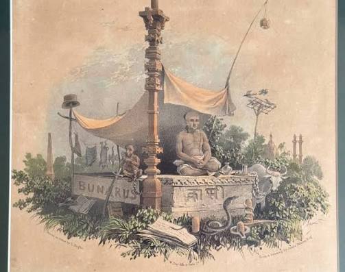 The English Fort of Bombay This hand-coloured copper engraving presents two views on a single plate of the English Fort of Bombay — the Castle — the upper showing it from the