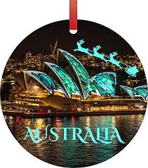Sydney opera house christmas decorations. Lea Elliot Inc Santa Klaus And Sleigh Riding Over The Sydney Opera House Australia Round Shaped Flat Aluminum Semigloss Christmas Ornament Tree Decoration Novelty Tree Decor Favors Buy Online In Antigua