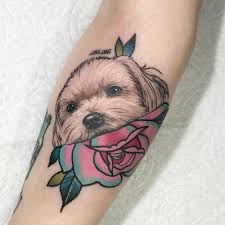 Some people get themselves inked with a dog tattoo in a memory of a loyal friend whereas some mark it on their skin to remember after death; Dog And Rose Tattoo Pet Portrait Tattoo Dog Tattoos Inspirational Tattoos Tattoos