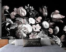 Black And White Floral Wallpaper Canada Bouquet Of Peonies Mural Dark Floral Wallpaper Etsy Floral Wallpaper Wall Wallpaper Dark Floral