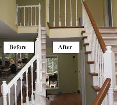 More so, we wanted a rich color for the oak wood banister to make the white paint pop on the stair risers and railings , and general finishes java gel stain was the best type of stain for the job. Stair Makeover Refinishing Banister Stair Parts Blog