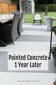 Painted Concrete Slab And Brick Pavers One Year Later Diy Concrete Patio Patio Flooring Painting Concrete