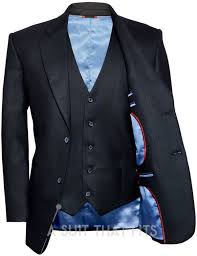 Mens All Black 3 Piece Suit Jet Black Three Piece With A Ice Blue Lining And Extra Trousers Muzh