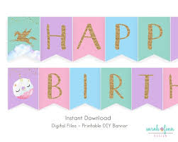 Free printable unicorn party decorations pack. Unicorn Donut Happy Birthday Banner Sarah Finn Design
