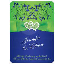 Wedding Invitation Royal Blue Lime Green Floral Printed Ribbon Bow Double Hearts Purple And Green Wedding Lime Green Weddings Royal Blue Wedding Invitations