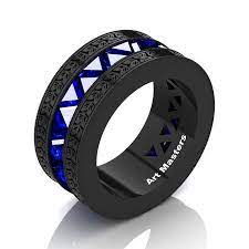 Mens Modern Italian 14k Black Gold Triangle Blue Sapphire Channel Cluster Engraved Wedding Band R777e 14kbgbs Black Gold Ring Black Gold Jewelry Wedding Band Engraving