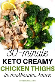 Keto Creamy Chicken Thighs With Mushroom Sauce And Broccoli Recipe In 2020 Stuffed Mushrooms Creamy Mushroom Chicken Creamy Chicken