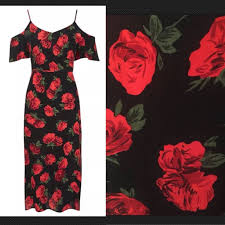 Topshop Red Black Rose Roses Floral Print Cold Shoulder Midi Dress Uk 8 Bnwt Fashion Clothing Shoes Accessories Midi Dresses Uk Dresses Clothes For Women