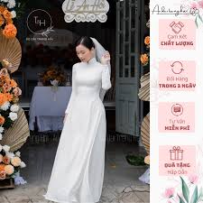 Áo dài cưới trắng cô dâu cổ truyền thống 3cm, đính hạt viền cổ-Trang Hải
