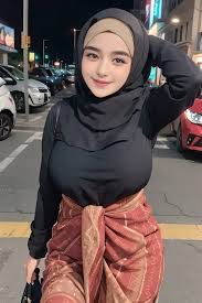 Hot asian girl wearing hijab with big boobs , and biting the condom full of  sper - SeaArt AI
