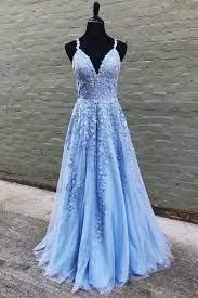 Spaghetti Straps Light Sky Blue Appliques Lace Prom Homecoming Dresses Long Blue Lace Prom Dress Prom Dresses Long Blue