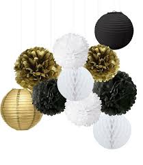 Black And Gold Pom Poms Decorations 10pcs Mixed Gold Black White Tissue Pom Poms Hanging Paper Lantern Honeycomb Ball Christening New Gold Party Decorations Diy Birthday Decorations Bachelorette Party Decorations