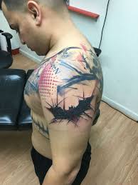 Black And Red Batman Tattoo For The Fans Of Batman Trash Polka Style Batman Tattoo With Black And Red Batman Zeichnung Tattoo Ideen Batman