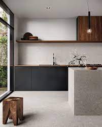 Another important aspect of modern kitchens is the use of modern appliances that take less space and add higher functionalities. The Perfect Balance Between Material This Set Design Mixes Wooddesign Black And Tiles Project For Em In 2020 House Interior Apartment Interior Kitchen Design