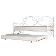 It has spindle decorations on the sides. Hillsdale Furniture Anslee Complete Twin Metal Daybed With Trundle White 2606 100