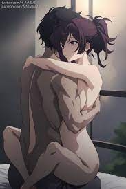 1boy 1boy1girl 1girls ai generated ainime back bed completely  nude hair bun hi res highres holding hug implied sex intimate jigokuraku  lotus position muscular male neutral expression nude nude