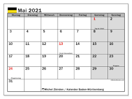 Overzichtelijke jaarkalender van 2021, de data worden per maand getoond inclusief weeknummers. Kalender Baden Wurttemberg Mai 2021 Zum Ausdrucken Michel Zbinden De