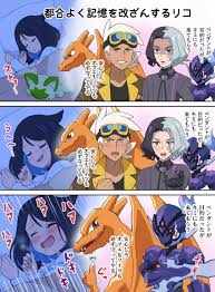 pokemoa, amethio (pokemon), ceruledge, charizard, friede (pokemon), liko ( pokemon), sprigatito, creatures (company), game freak, nintendo, pokemon,  pokemon (anime), pokemon horizons, highres, translation request, 1girl,  2boys, 3koma, black shirt, blush ...