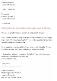 Sep 14, 2018 · berikut ini ada beberapa file contoh surat pengunduran diri atau surat resign yang bisa anda download dengan format (.docx) atau ms. Resume Kreatif On Twitter Contoh Rasmi Surat Berhenti Kerja Jangan Menyusahkan Pihak Majikan Dengan Keluar Dari Syarikat Tanpa Bersebab Dan Tiada Hitam Putih Ini Contoh Surat Resign Dalam Bahasa Malaysia Yang Boleh