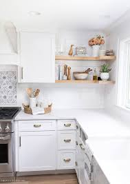 Open Wood Shelving That Wraps Around The Corner One Of My Favorite Details Of This Kitche White Kitchen Remodeling Kitchen Remodel Small New Kitchen Cabinets