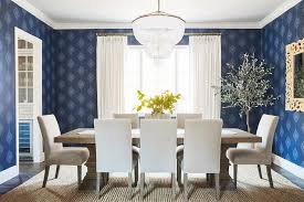Fabulous dining room in captivating royal blue [design: Ivory And Blue Dining Room With White Beaded Chandelier Transitional Dining Room