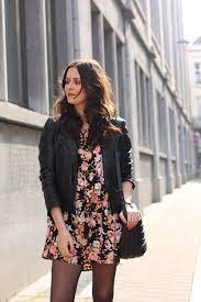 Long lapel collar dress with long sleeves with elastic cuffs. Outfit Leather Jacket Floral Babydoll And Motor Boots The Styling Dutchman