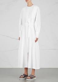 The Row White Cotton Midi Dress Pleated Dropped Shoulders Button Fastening Cuffs Detachable Tie Fastening Belt Si Cotton Midi Dress Modest Dresses Dresses