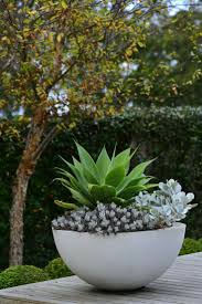 Summer Style Green And White And Gray Large White Modern Contemporary Round Planter Pot Filled With Potted Plants Outdoor Garden Plant Pots Outdoor Planters