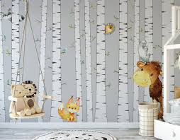 Birch Tree Wall Decals Peel And Stick Birch Tree With Woodland Creatures Removable Wallpaper Cute Etsy Tree Mural Kids Room Murals Woodland Creatures