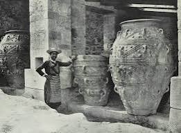 Minoan pithoi, which are massive terracotta storage vessels used in Bronze  Age Crete. They were excavated from the Palace of Minos at Knossos. Dating  back to approximately 1450–1375 BC, these jars were