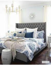 Stylish grey and white nordic style bedroom.the predominantly white artwork helps lighten up the stone grey walls. Small Master Bedroom Decor Ideas Check The Pin For Many Diy Bedroom Decor Ideas 84854444 Be Blue Master Bedroom Blue And White Bedding Grey Upholstered Bed
