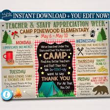 Camp Themed Teacher Appreciation Week Itinerary Poster Outdoor Wilderness Appreciation Schedule Events Printable Teacher Appreciation Week Schedule Teacher Appreciation Themes Teacher Appreciation Week