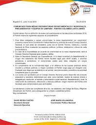 Partido políticoun solo equipo que trabaja por la transformación colectiva del país desde la protección de la familia como núcleo y base del tejido social. Comunicado Oficial A Mesas Colombia Justa Libres Facebook