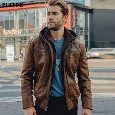 Men S Brown Leather Jacket Genuine Leather Men Motorcycle With Removable Hood Warm For Men Brown Leather Jacket Brown Leather Jacket Men Leather Men