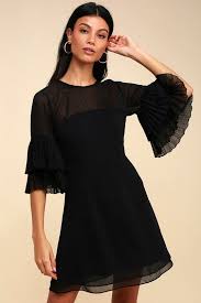 Horizons Black Flounce Sleeve Mini Dress Mini Dress With Sleeves Dresses Flared Mini Skirt