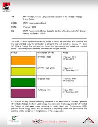 A monthly inspection color for may would be green and yellow, or for december would be orange and blue. Stow Recommended Colour Codes For Certified Lifting Gear In The T T Energy Industry Advisory 21 2019 Energy Chamber Of Trinidad And Tobago