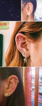 Wearing Earrings Like A Constellation On Your Ear Is The Best Piercing Trend Constellation Piercings Hammered Hoop Earrings Ear Piercings