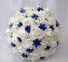 Wedding Flowers Brides Posy Bouquet Ivory Roses And Royal Blue Babies Breath Ebay Blue Wedding Flowers Bridal Bouquet Blue Artificial Flowers Wedding