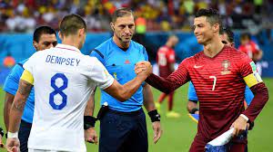 Clint Dempsey Of The United States And Cristiano Ronaldo Of Portugal Shake Hands Fifa Cristiano Ronaldo Fifa World Cup