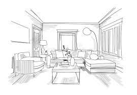 Interior Design Sketch Hand Drawn Vector Illustration Of Sitting Room Furniture L Interior Design Sketches Furniture Design Sketches Interior Design Drawings