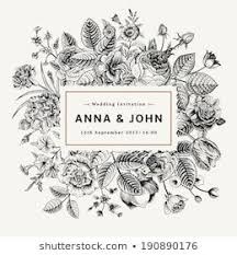 Illustration of a pretty, slender, ethnic bride in a strapless wedding gown holding a bouquet of flowers. Vintage Elegant Wedding Invitation With Summer Flowers Black And White Vector Illustration Flower Pattern Drawing Vintage Wedding Invitations Flower Tattoo Back