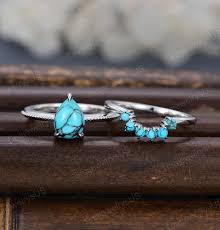 Vintage Pear Shaped Turquoise Engagement Ring Set White Gold Unique  Solitaire Engagement Ring Turquoise Wedding Band Bridal Set Anniversary