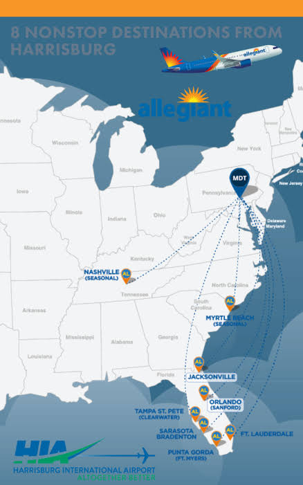 Allegiant offers 8 non-stop destinations from HIA - Harrisburg  International Airport