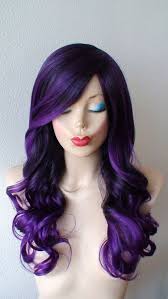 Black And Purple Wig Ombre Wig Lace Front Wig Deep Purple Long Volume Curly Hair With Bangs Wig Durable Heat Resistant Synthetic Wig For Daily Use Or Cosplay Ombre Wigs Hair Styles Ombre Hair