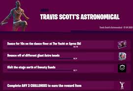 The travis scott skin is an icon series fortnite outfit from the travis scott set. Fnbrbananik Fortnite Leaks News On Twitter Travis Scott S Astronomical Challenges Via Forttory Fortnite
