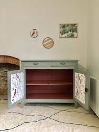 Buffet Vintage Relooke Vert De Gris Et Blush Terracotta Papier Peint Oiseaux Relooking Meuble Mobilier De Salon Restaurer Meuble