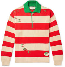 Gucci Logo Embroidered Striped Cotton Half Placket Sweater Men Red The Fashionisto Shop gucci red and green gg logo silk scarf in red/green from 250+ stores, starting at $495. gucci logo embroidered striped cotton half placket sweater men red