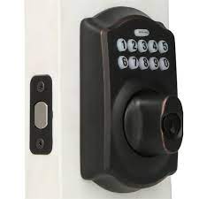 The schlage deadbolt we reviewed is the schlage touch which is a traditional camelot style deadbolt with the schlage deadbolt excels at being a high quality, secure, safe touchpad lock. Schlage Camelot Aged Bronze Keypad Electronic Door Lock Deadbolt Be365 Cam 716 The Home Depot