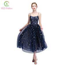 Clearance Simple Evening Dress Robe De Soiree Elegant Tea Length Navy Blue Star Pattern Strap Party Gown Formal Dresses Evening Dresses Aliexpress